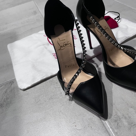 Christian Louboutin Spike Cross 100 Black PVC Silver Criss Strap Heel Pump 35.5 - Picture 4 of 9